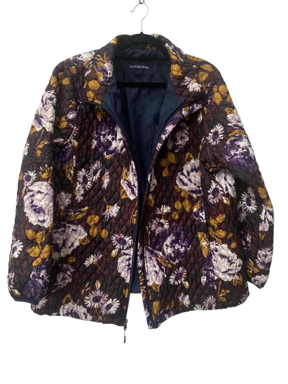 Lands' End Quilted Floral Puffer Jacket Purple Mustard Primaloftla 3X 24W 26W